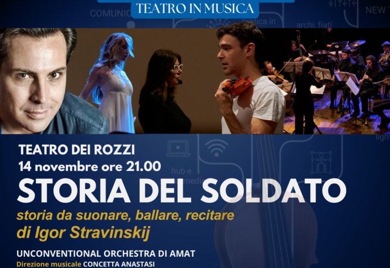 Stravinsky’s Storia del Soldato at the Rozzi Theatre, with the special participation of Vincenzo Bocciarelli. A work that speaks to today’s audience, exploring existential themes, the web, social networks, and technology.